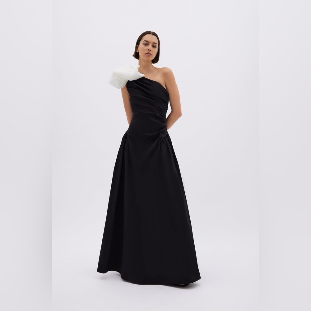 Rachel Gilbert Banks Gown Black One Shoulder with White Bow